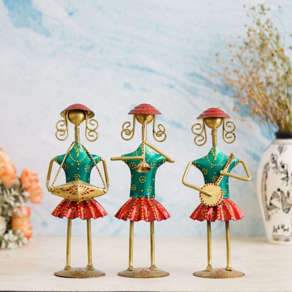 Set of 3 Antique Metal Decorative Tribal Musician Dolls Playing Musical Instrument Handicraft Item for Diwali Gifts | Home & office Decoration - Image 2